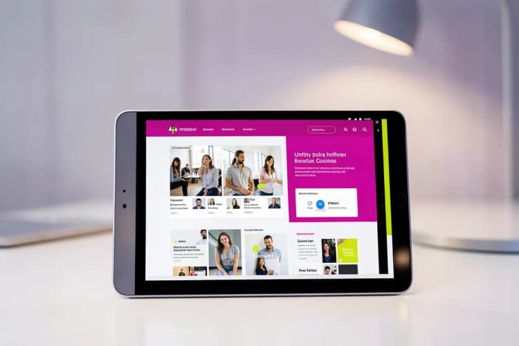 Uma pessoa examinando um portfólio digital em um tablet, com exemplos de conteúdo de criadores em anúncios.