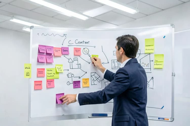 Uma pessoa planejando uma campanha de marketing em um quadro branco com post-its e diagramas, focando em conteúdo de criadores.