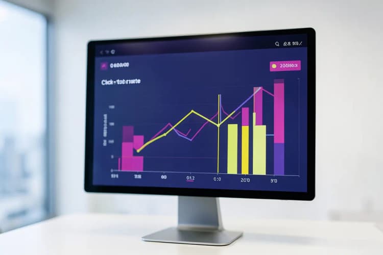 Um painel de controle digital exibindo métricas de desempenho de anúncios, como taxa de cliques e conversões, com gráficos de barras e linhas.