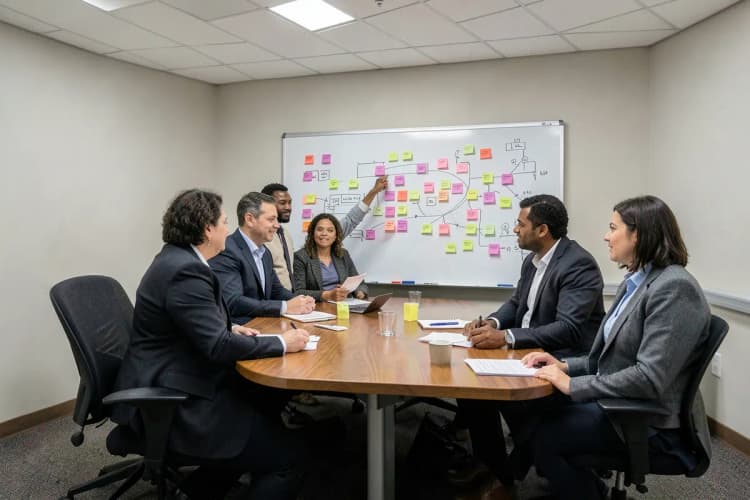 Um grupo de pessoas em uma sala de reunião discutindo ideias em um quadro branco.
