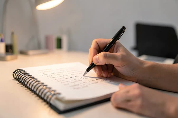 Uma pessoa escrevendo em um caderno com uma caneta.