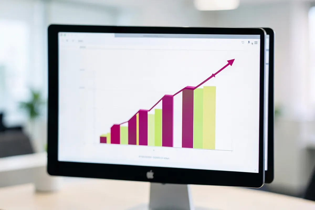 Um gráfico de barras mostrando crescimento em um monitor de computador.