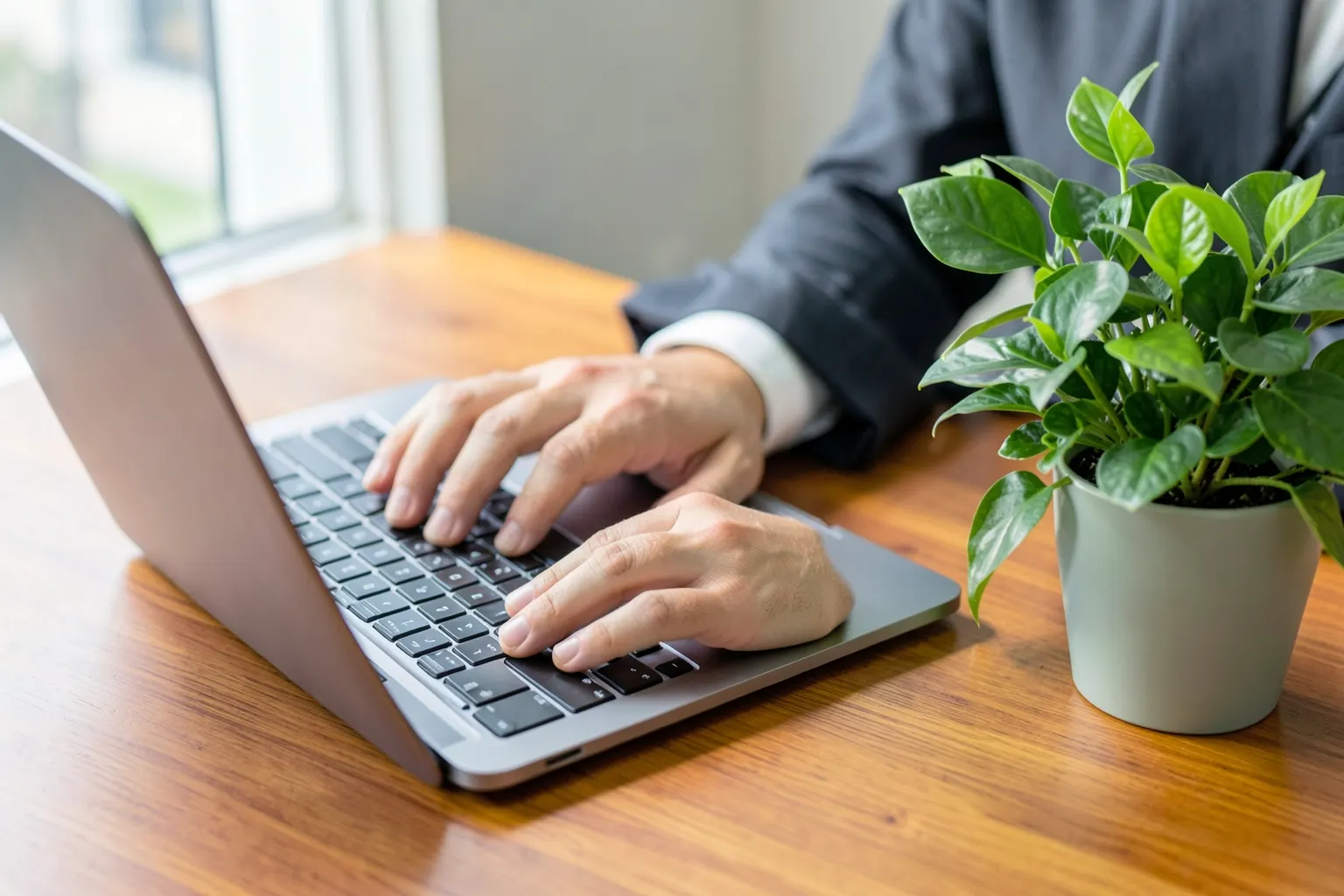 Um homem de negócios com um laptop em uma mesa de madeira, com uma planta ao lado.